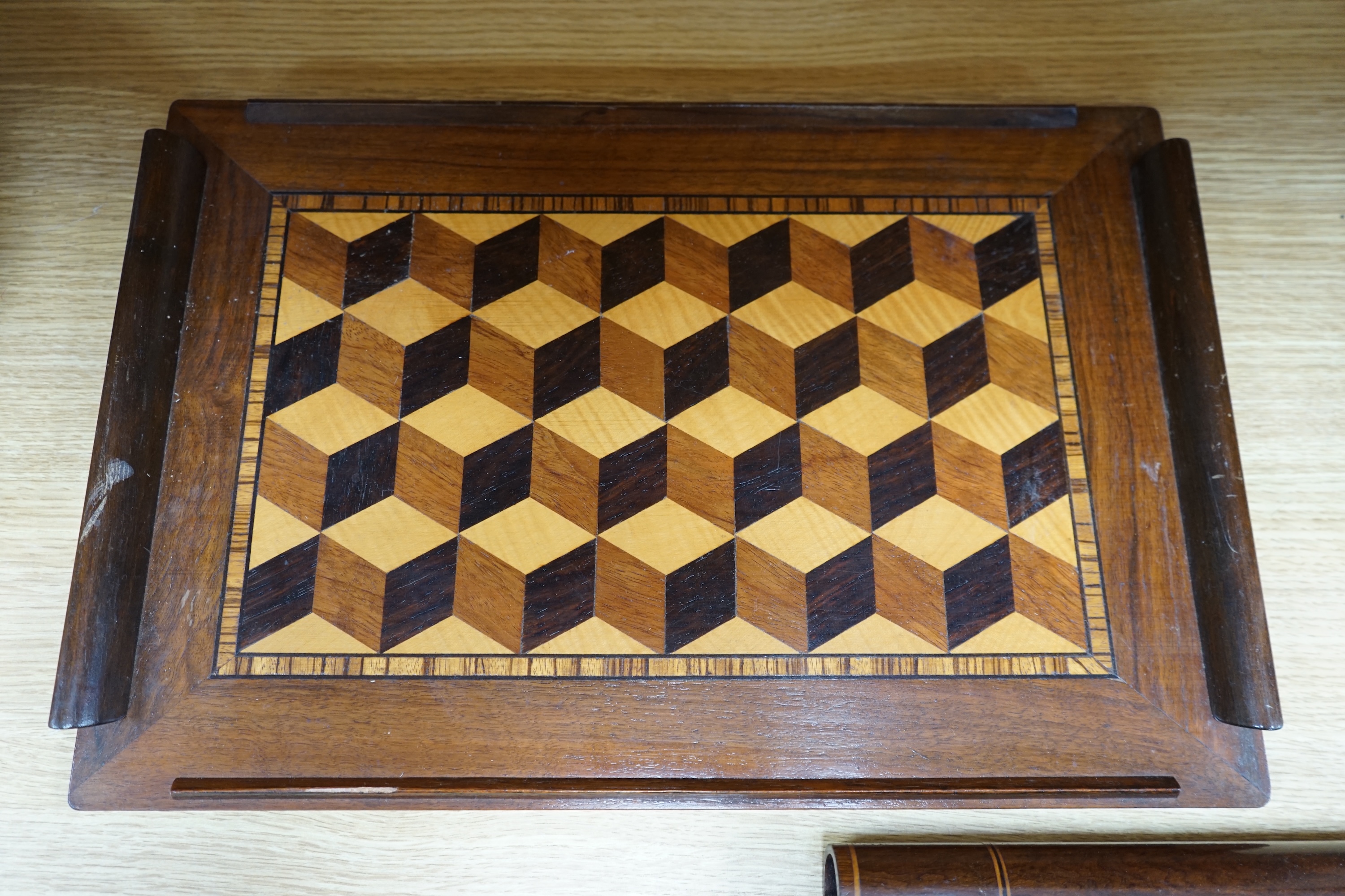 A specimen wood marquetry 'sunray' box, a marquetry tray and a Killarney yew wood bookrest, largest piece 46cm wide. Condition - some scuffs, otherwise good